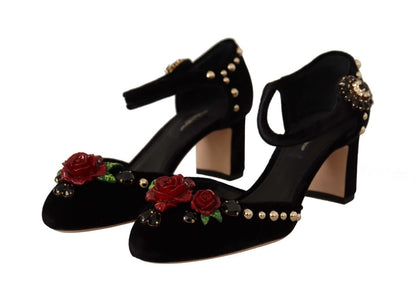  - Black Crystal Rose Heel Sandals