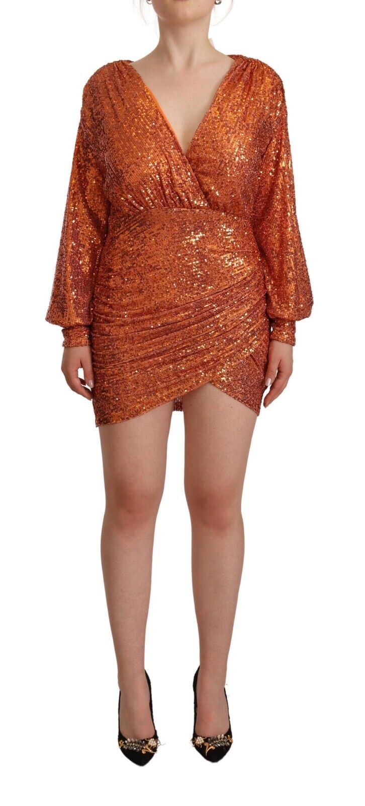 Orange Sequin Embellished Wrap Mini Dress