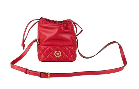  - Red Quilted Leather Drawstring Shoulder Bag Bucket Crossbody Handbag