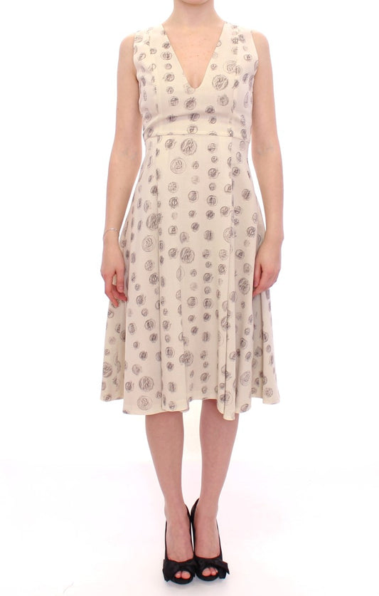  - Elegant White Wool Shift Dress with Gray Print