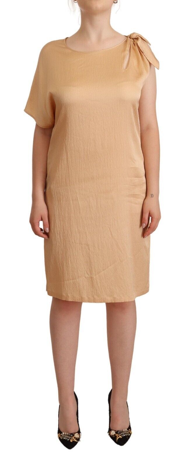  - Elegant One-Sleeve Beige Shift Dress