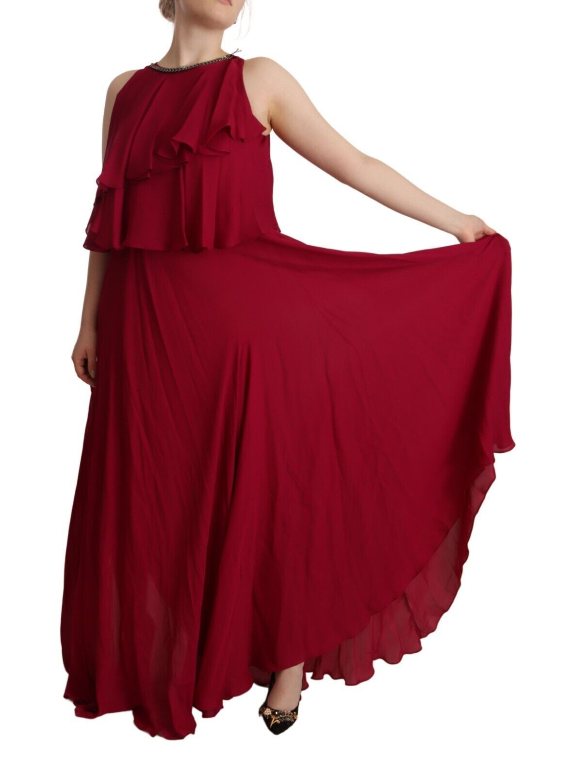  - Elegant Silk Sleeveless Ruffled Maxi Dress