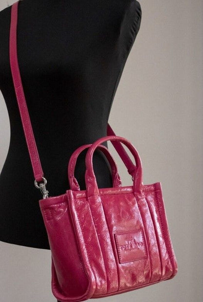  - The Shiny Crinkle Mini Tote Magenta Leather Crossbody Handbag Purse