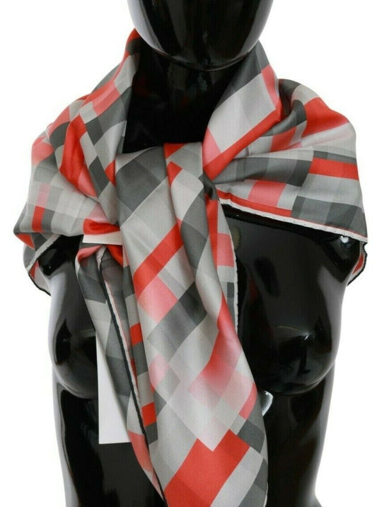  - Elegant Silk Checkered Scarf in Gray and Red