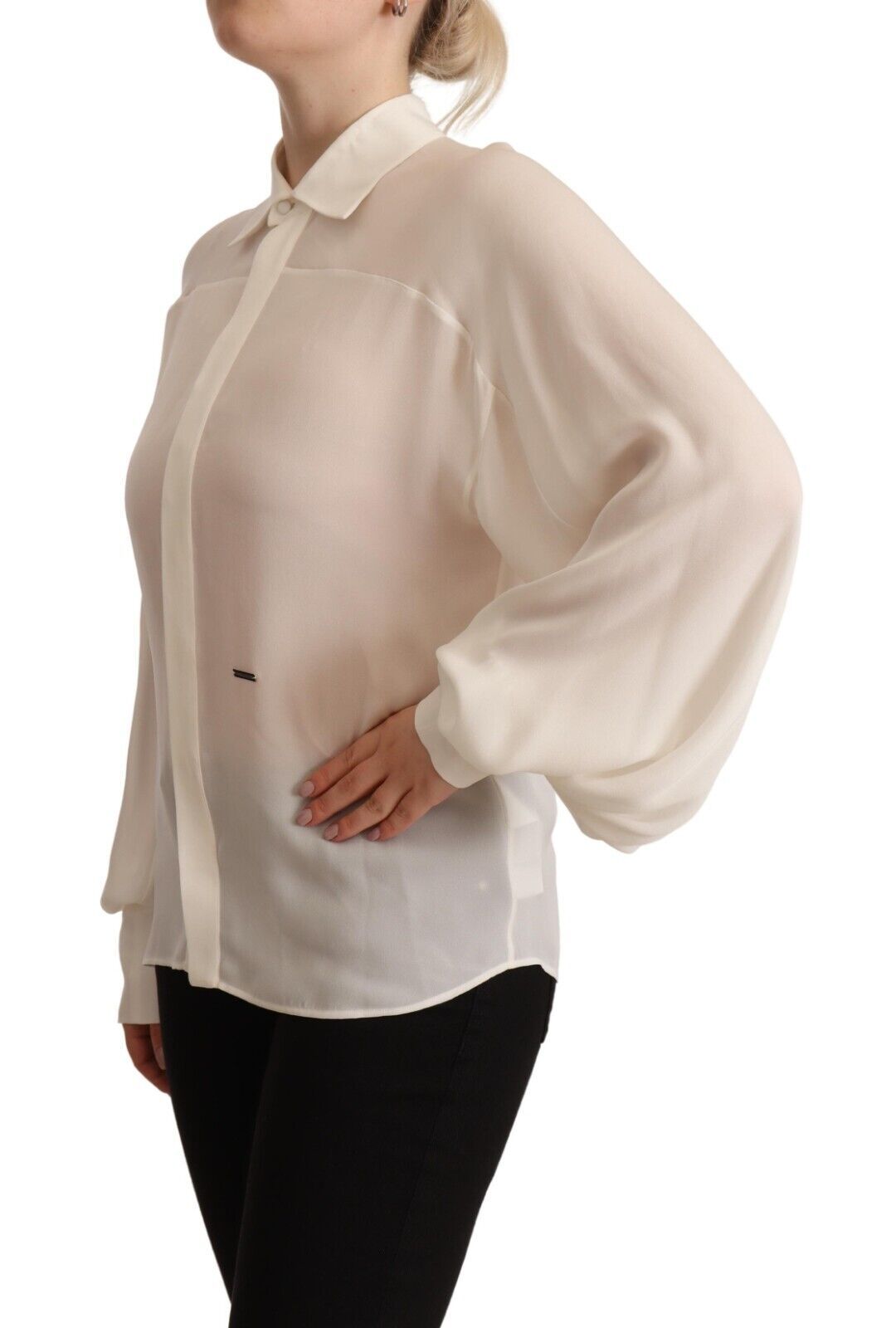  - Elegant Off White Silk Long Sleeve Blouse