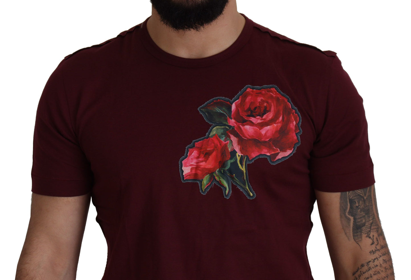  - Elegant Bordeaux Roses Motif Crewneck Tee