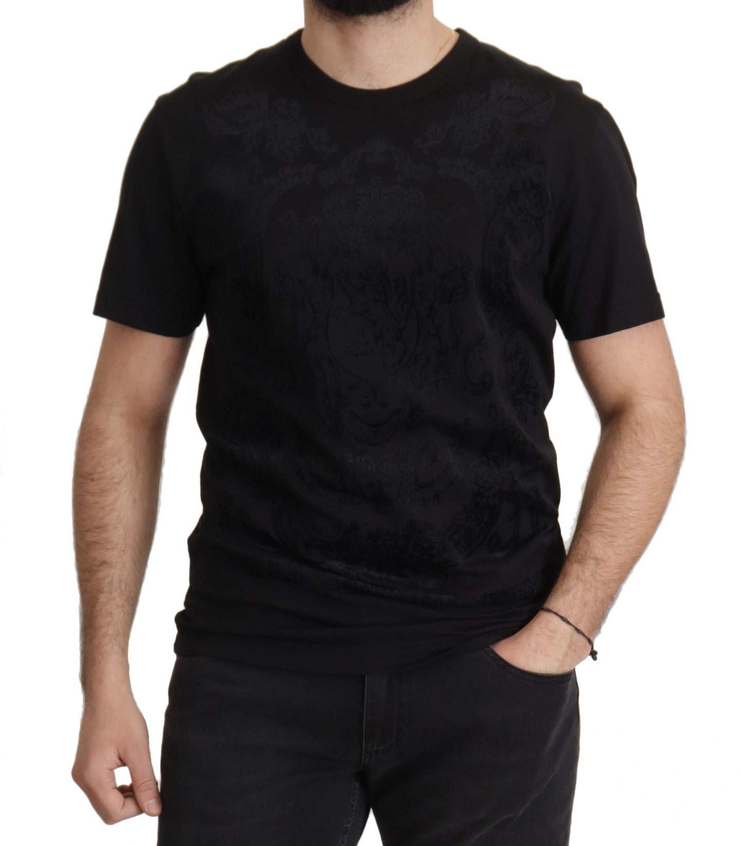  - Elegant Black Baroque Crewneck Tee