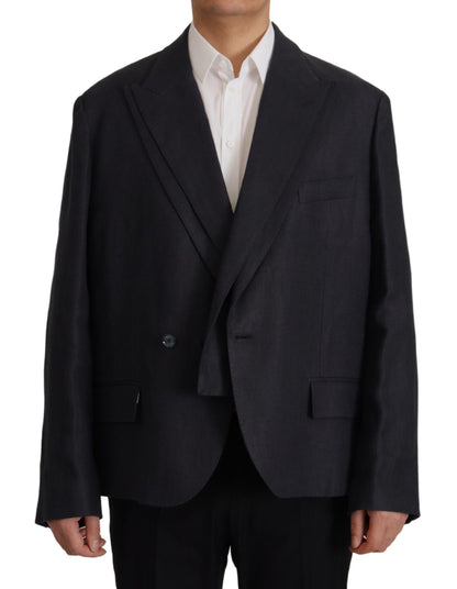  - Sleek Double Breasted Navy Linen Blazer