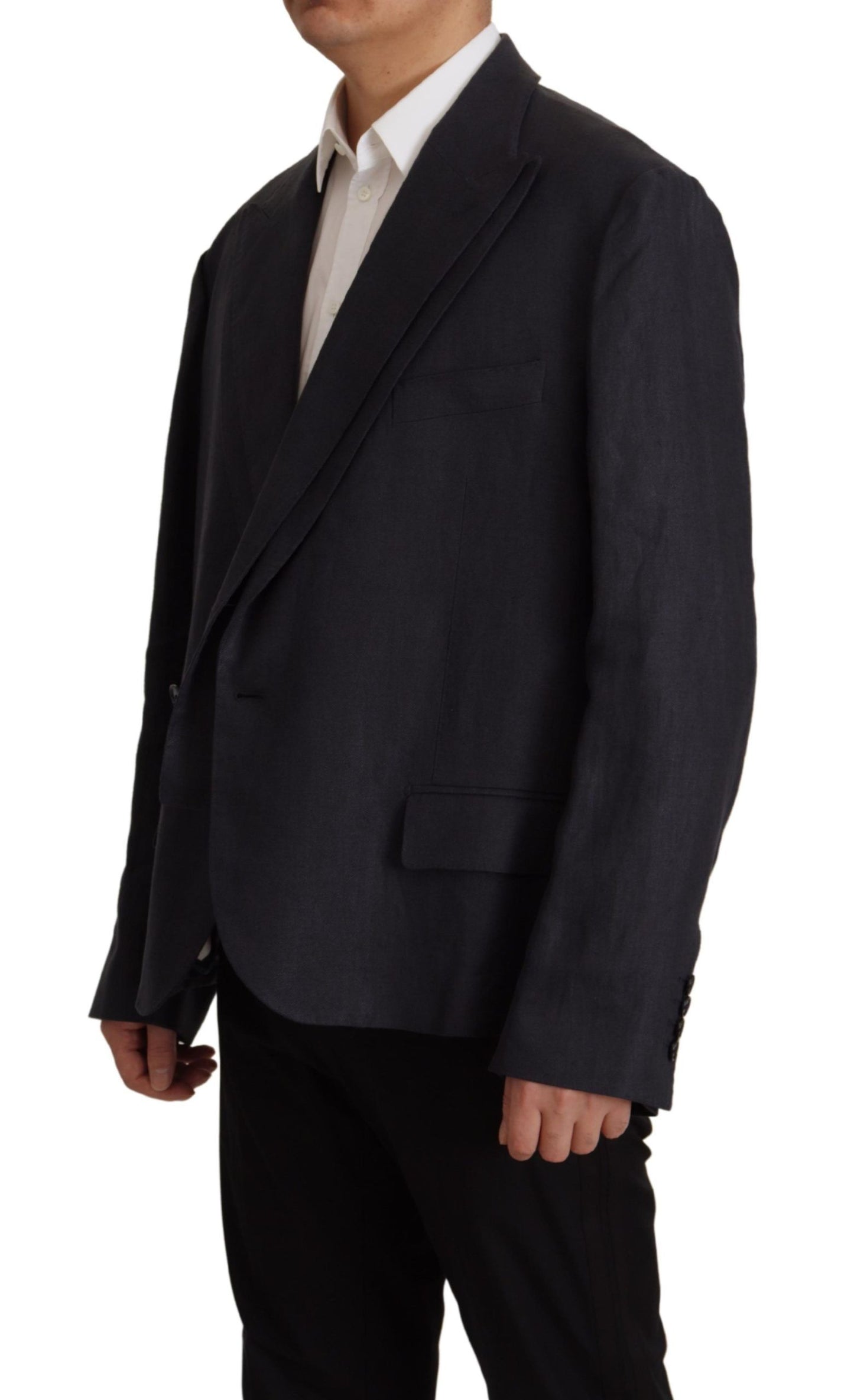  - Sleek Double Breasted Navy Linen Blazer