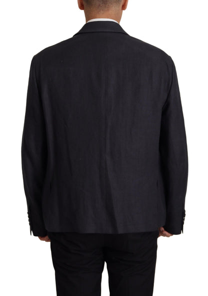  - Sleek Double Breasted Navy Linen Blazer