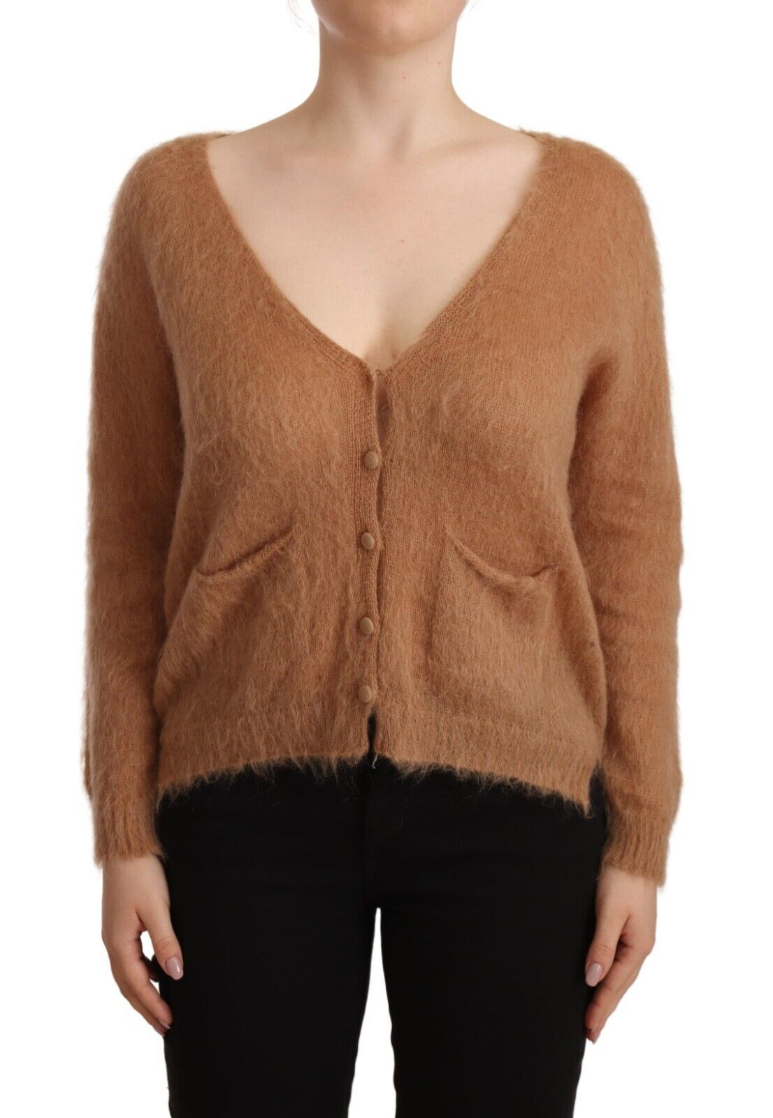  - Chic Brown Knit Cardigan with Front Button Closure