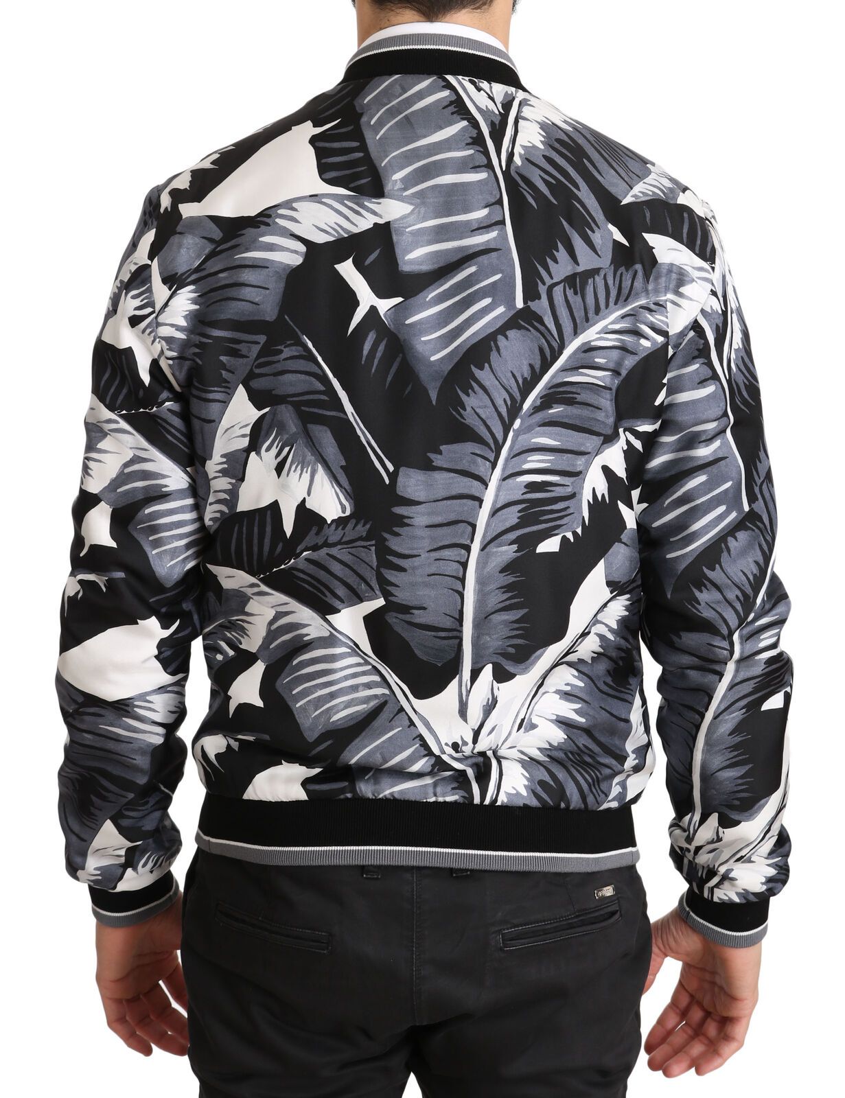  - Elegant Banana Leaf Print Silk Bomber Jacket