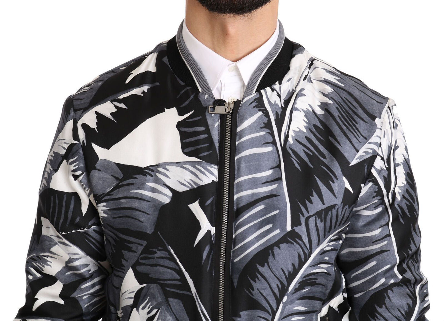  - Elegant Banana Leaf Print Silk Bomber Jacket