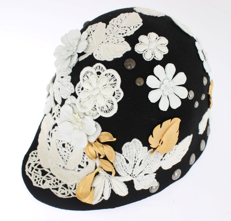  - Elegant Black Floral Wool Cloche Hat