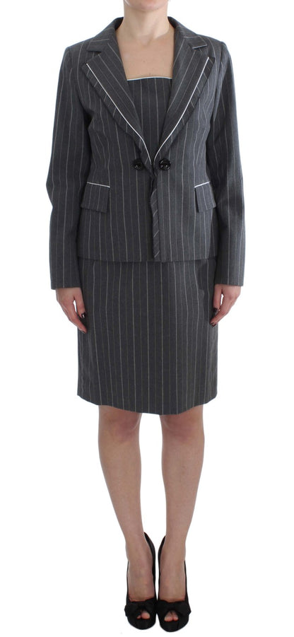  - Elegant Gray Striped Dress & Blazer Suit Set