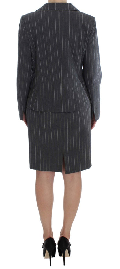  - Elegant Gray Striped Dress & Blazer Suit Set