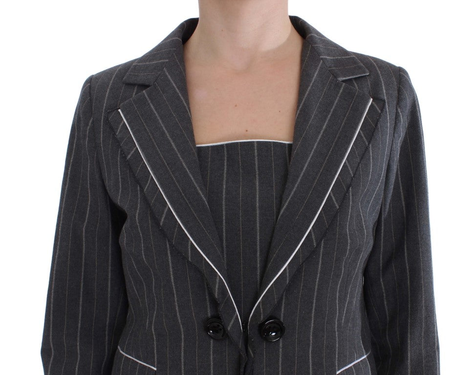  - Elegant Gray Striped Dress & Blazer Suit Set