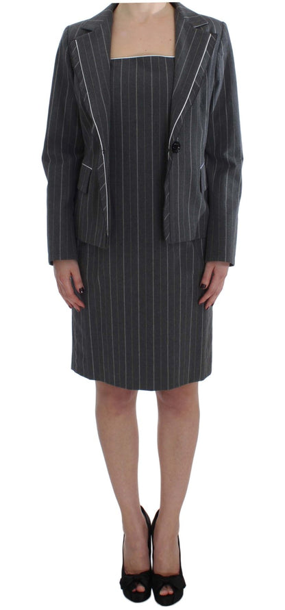  - Elegant Gray Striped Dress & Blazer Suit Set