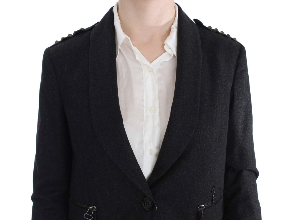  - Elegant Gray Gold-Buttoned Blazer Jacket