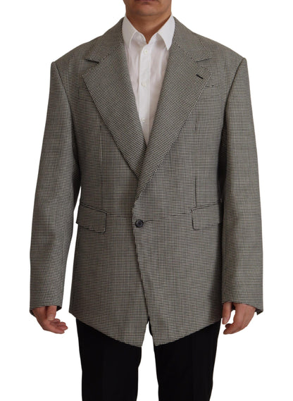  - Elegant Gray Checkered Wool Blazer