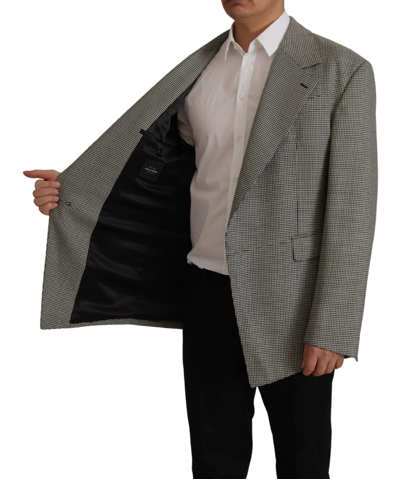  - Elegant Gray Checkered Wool Blazer