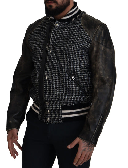  - Multicolor Houndstooth Leather Bomber Jacket