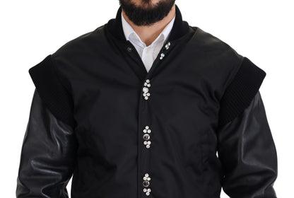  - Elegant Black Crystal-Embellished Bomber Jacket