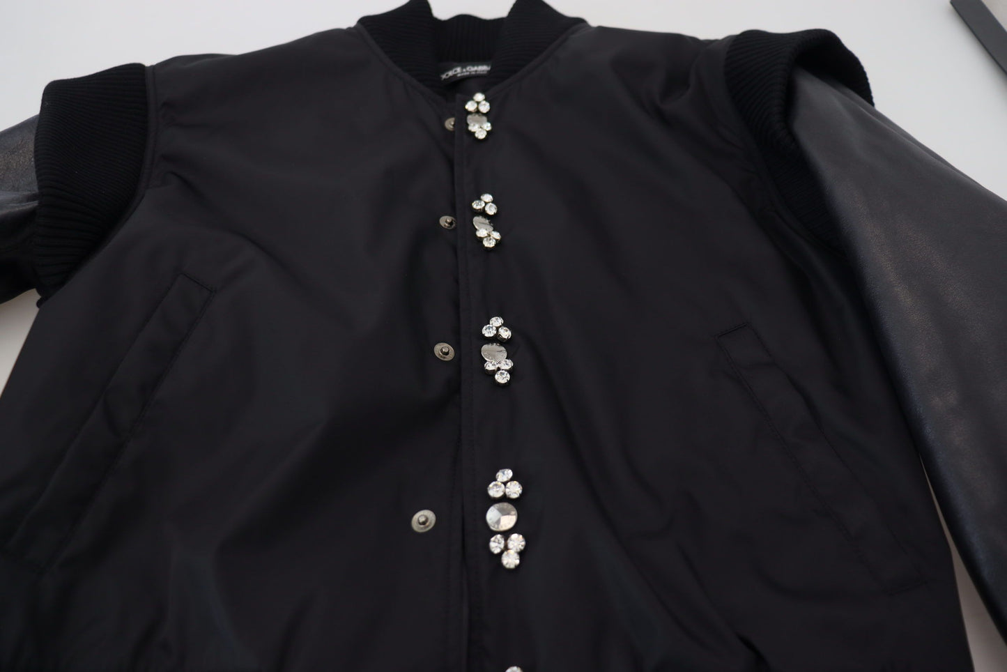  - Elegant Black Crystal-Embellished Bomber Jacket