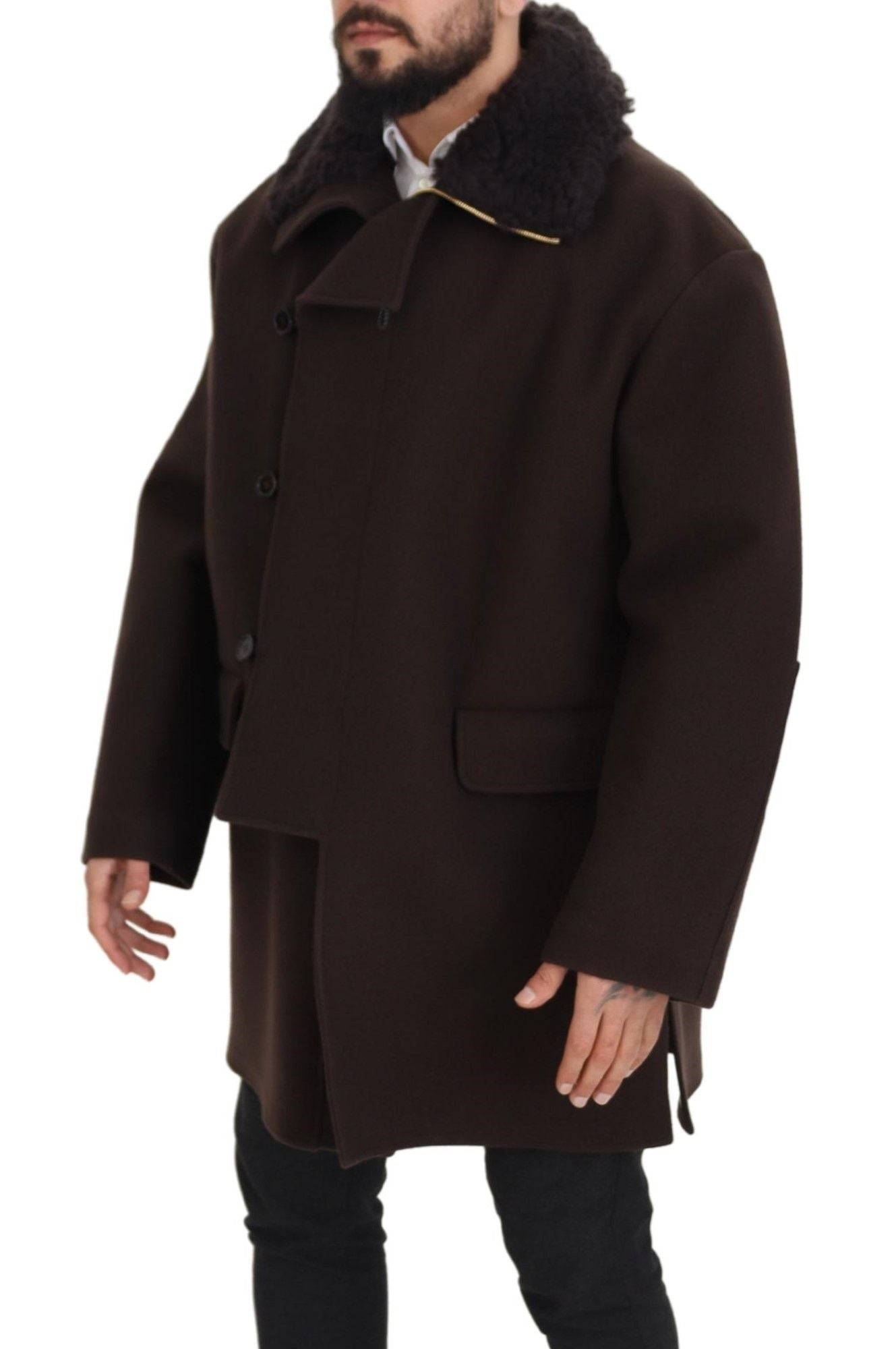 Elegant Dark Brown Shearling Coat Jacket