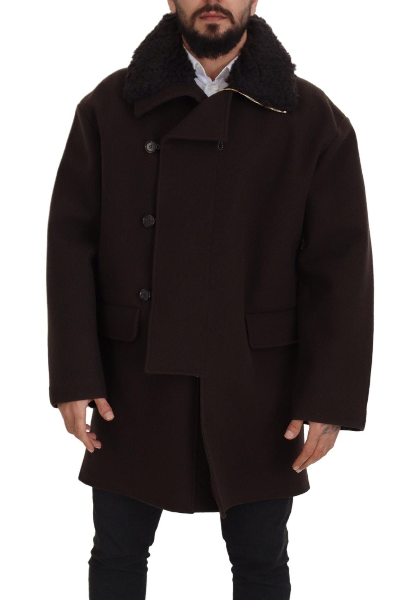  - Elegant Dark Brown Shearling Coat Jacket