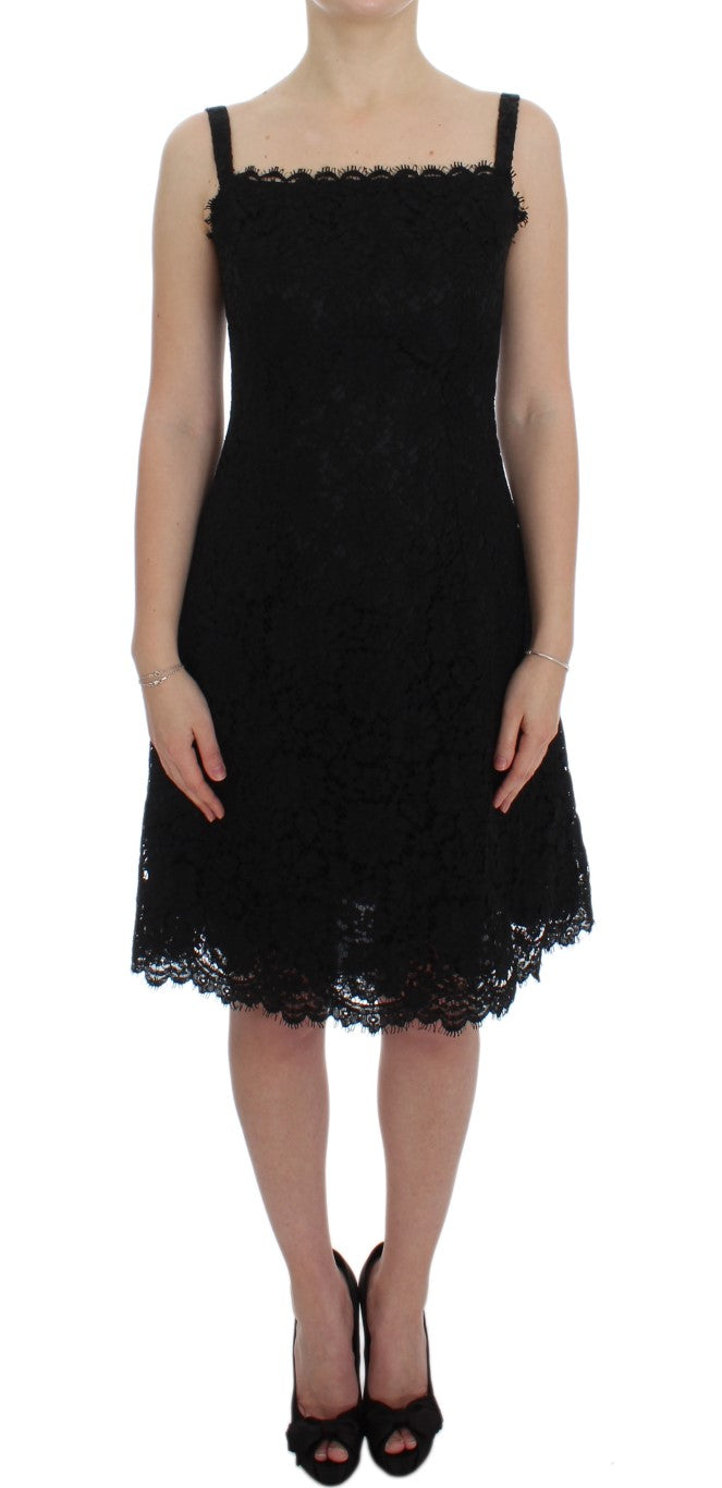  - Elegant Black Floral Lace Knee-Length Dress