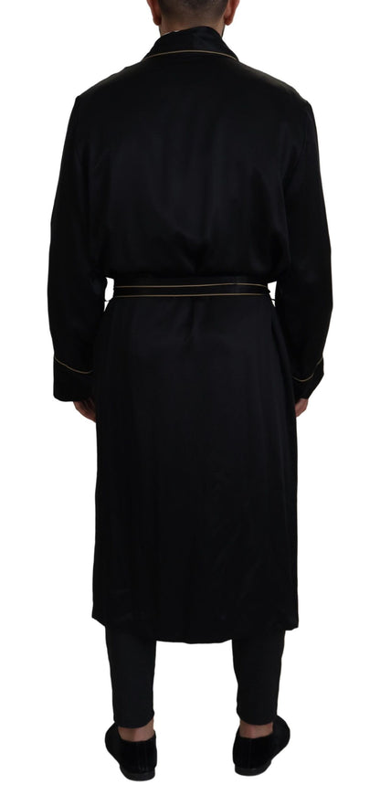  - Elegant Black Silk Long Robe Coat