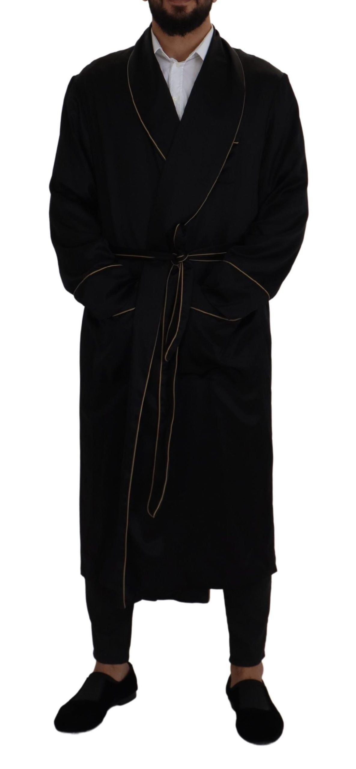  - Elegant Black Silk Long Robe Coat