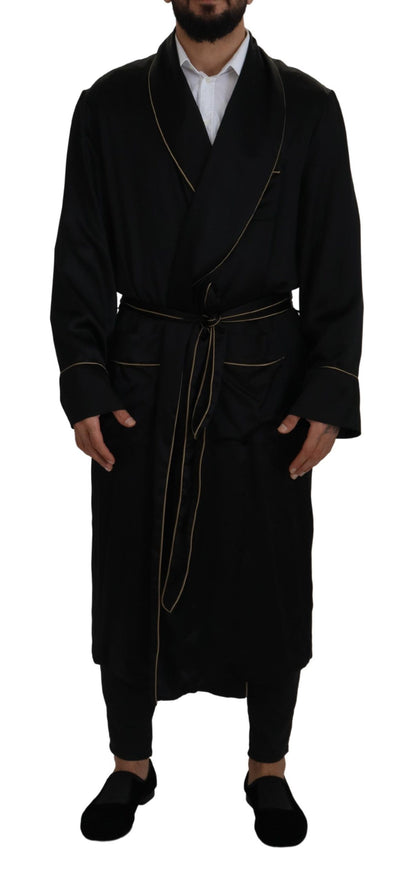  - Elegant Black Silk Long Robe Coat