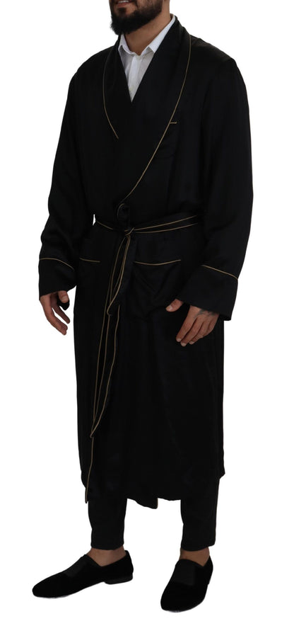  - Elegant Black Silk Long Robe Coat