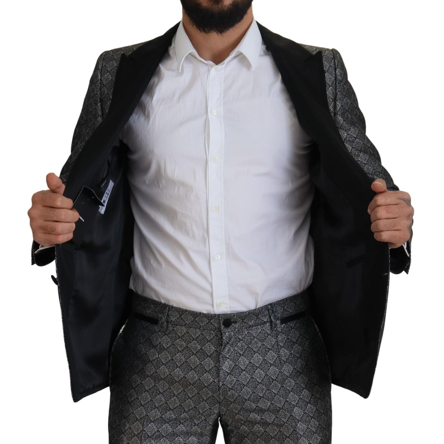  - Elegant Silver Patterned Slim Fit Suit