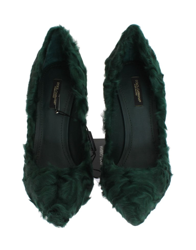  - Elegant Green Xiangao Fur Leather Pumps