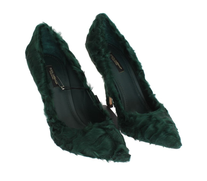  - Elegant Green Xiangao Fur Leather Pumps