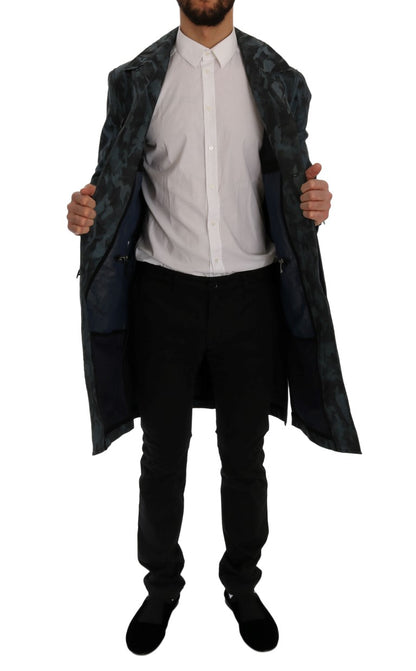  - Blue Camouflage Trench Coat Elegance