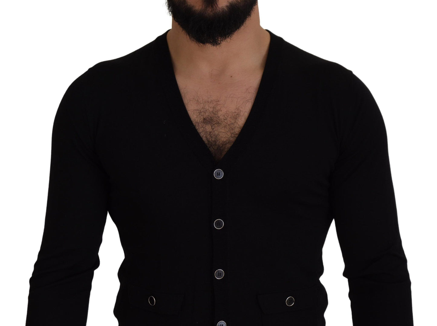  - Elegant Wool Buttoned Black Cardigan