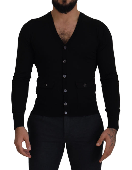  - Elegant Wool Buttoned Black Cardigan