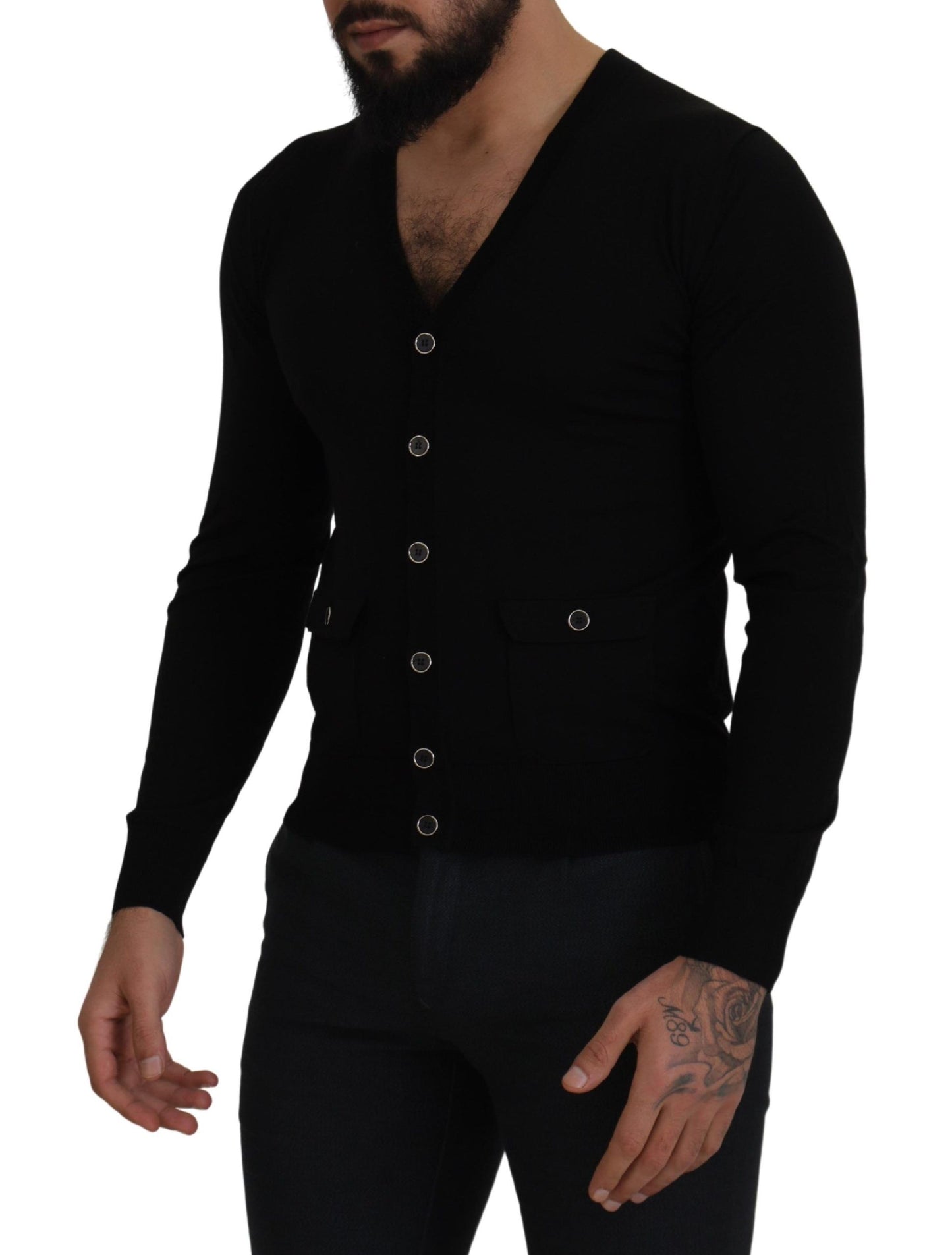  - Elegant Wool Buttoned Black Cardigan