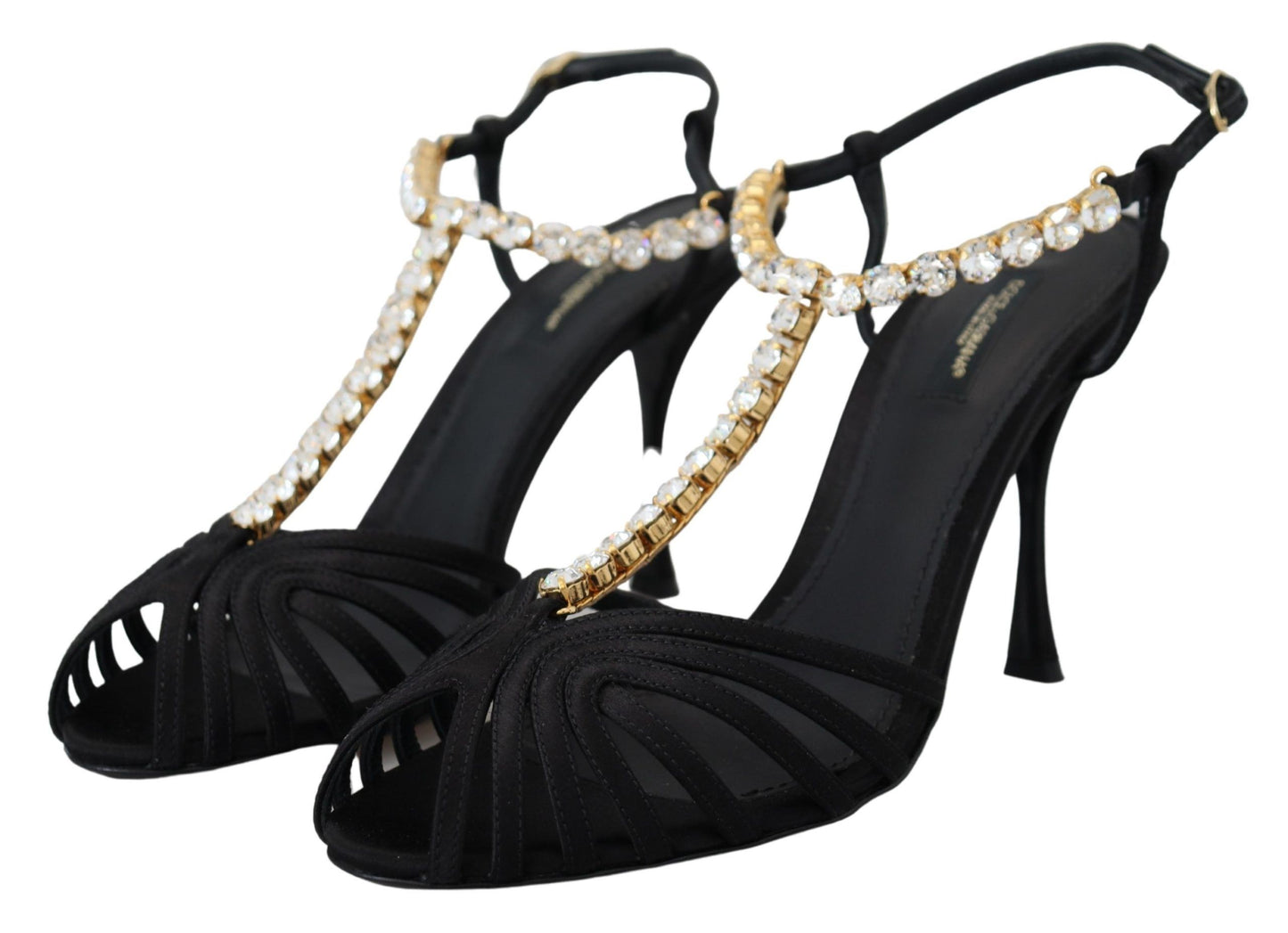  - Elegant Silk Blend Crystal T-Strap Heels