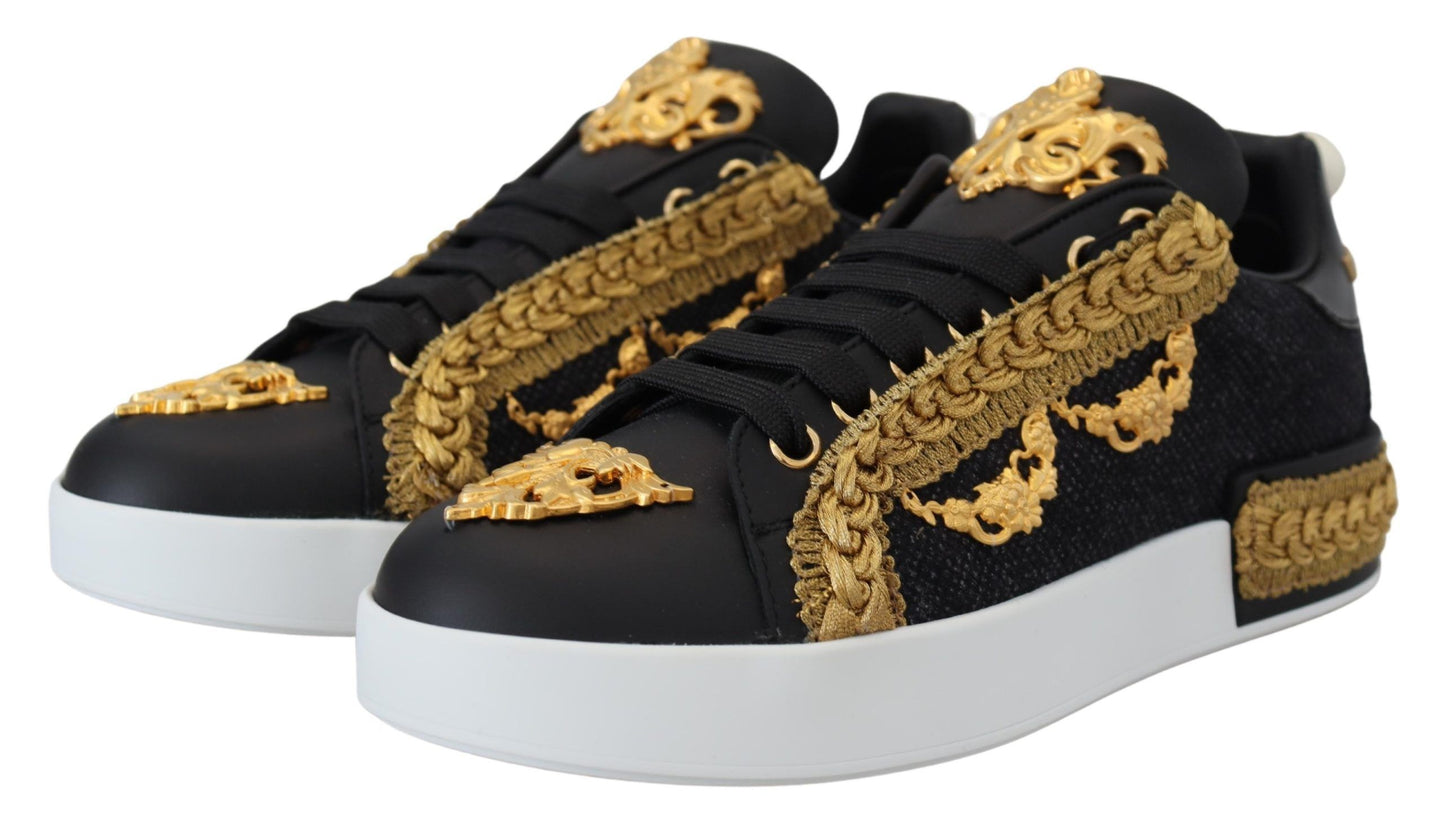 Portofino Leather Sneakers in Black & Gold