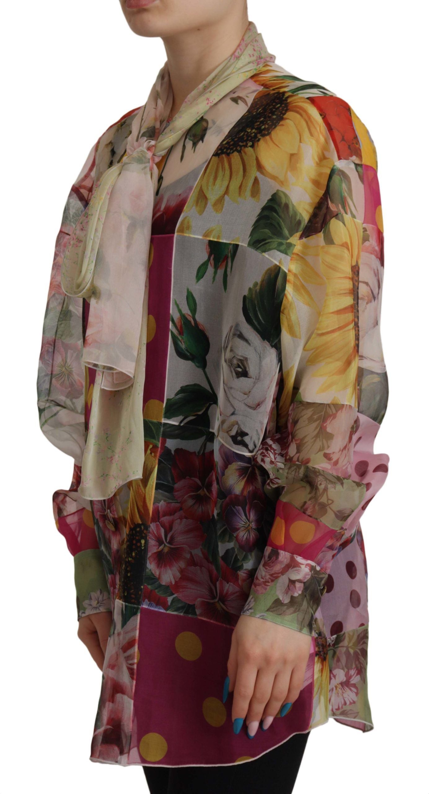  - Multicolor Silk Ascot Collar Blouse