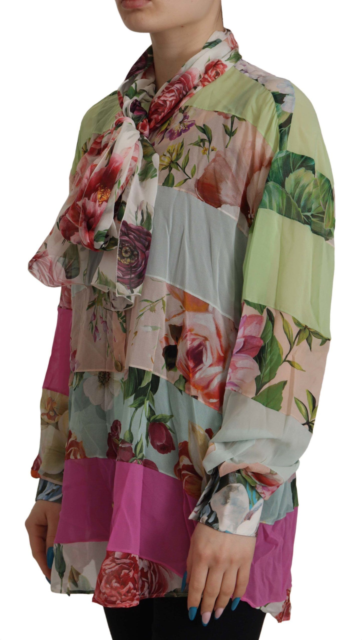  - Elegant Floral Patchwork Silk Blouse