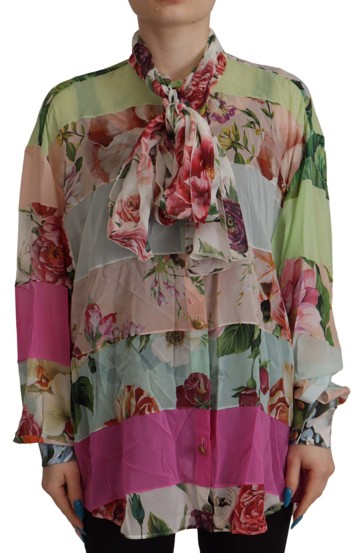  - Elegant Floral Patchwork Silk Blouse