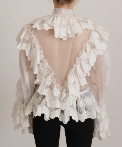  - Elegant White Lace Silk-Cotton Top