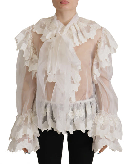  - Elegant White Lace Silk-Cotton Top