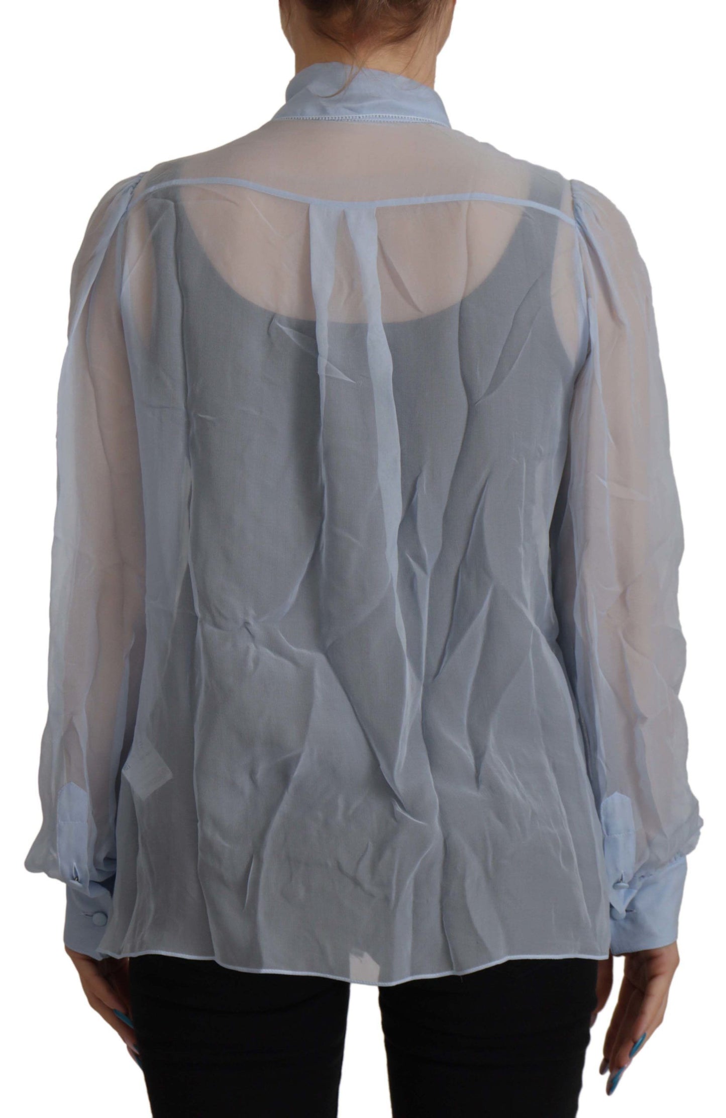  - Elegant Silk Ascot Collar Blouse in Light Blue